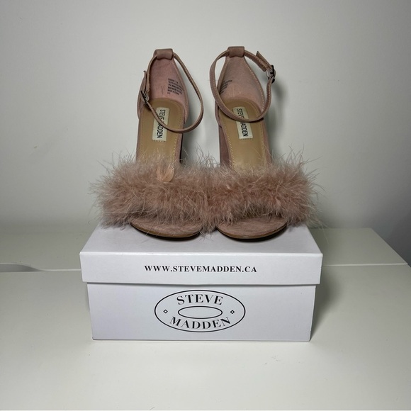 Steve Madden women's pink taupe Carabu fluffy coquette block heel sandals in 7.5 - Picture 2 of 11